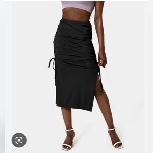 Halara High Waisted Ruched Drawstring Split Hem Ribbed Midi Skirt